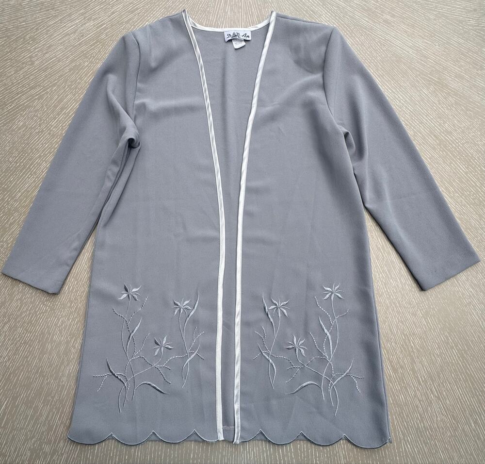 Vintage 90s Dani-An USA Gray Sheer Embroidered Duster Cardigan Shoulder Pads L